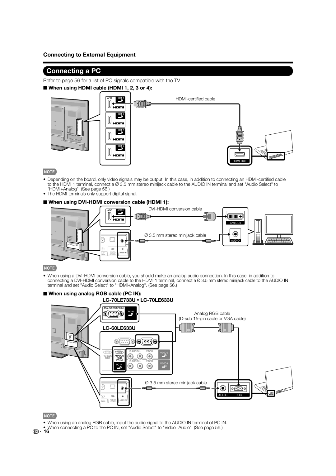 Sharp LC-70LE633U, LC-70LE733U, LC-60LE633U operation manual Connecting a PC, When using Hdmi cable Hdmi 1, 2, 3 or 