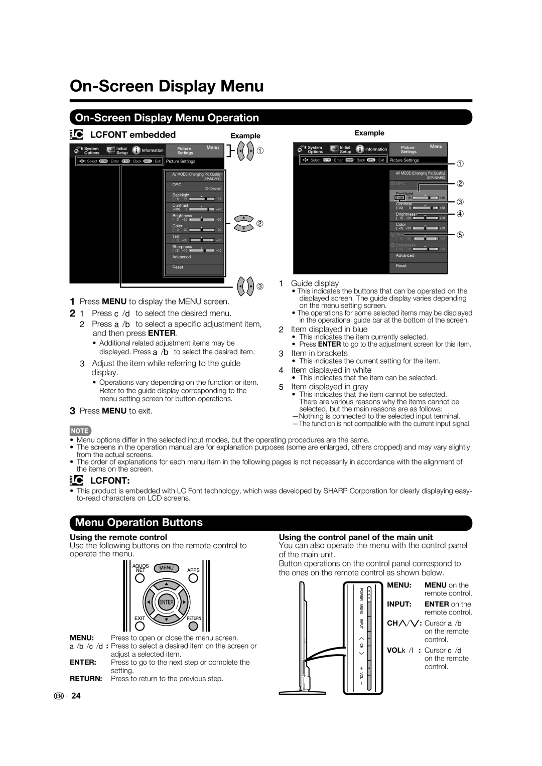 Sharp LC-60LE633U, LC-70LE633U, LC-70LE733U On-Screen Display Menu Operation, Menu Operation Buttons, Lcfont embedded 