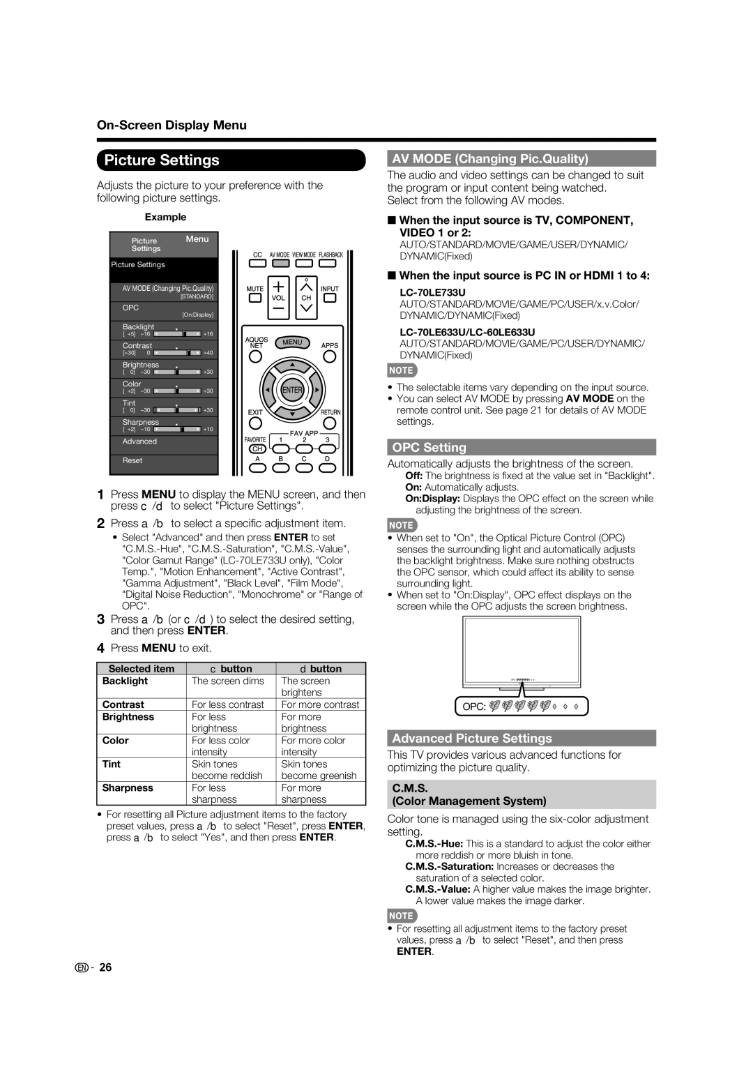 Sharp LC-70LE733U, LC-70LE633U, LC-60LE633U AV Mode Changing Pic.Quality, OPC Setting, Advanced Picture Settings 