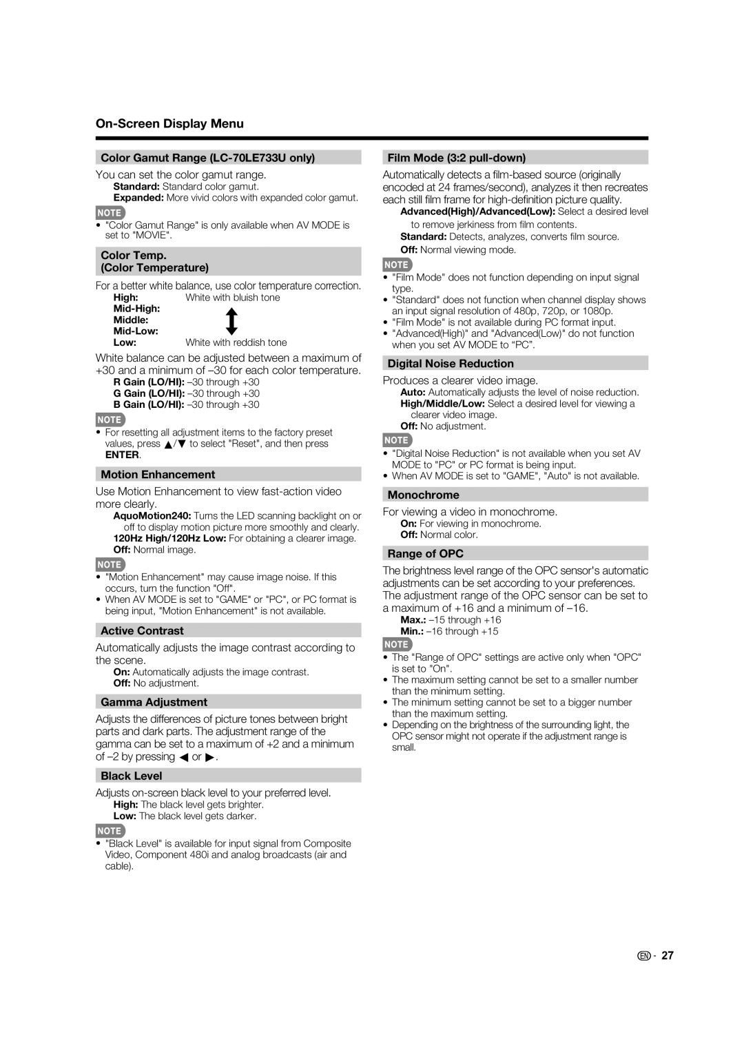 Sharp LC-60LE633U Color Gamut Range LC-70LE733U only, Color Temp Color Temperature, Motion Enhancement, Active Contrast 
