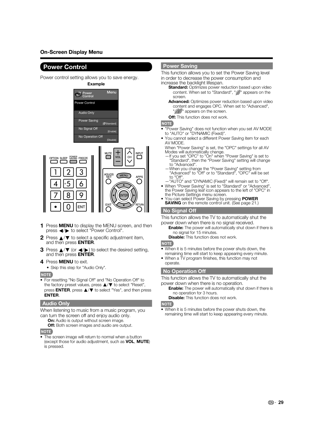 Sharp LC-70LE733U, LC-70LE633U, LC-60LE633U Power Control, Power Saving, No Signal Off, Audio Only, No Operation Off 