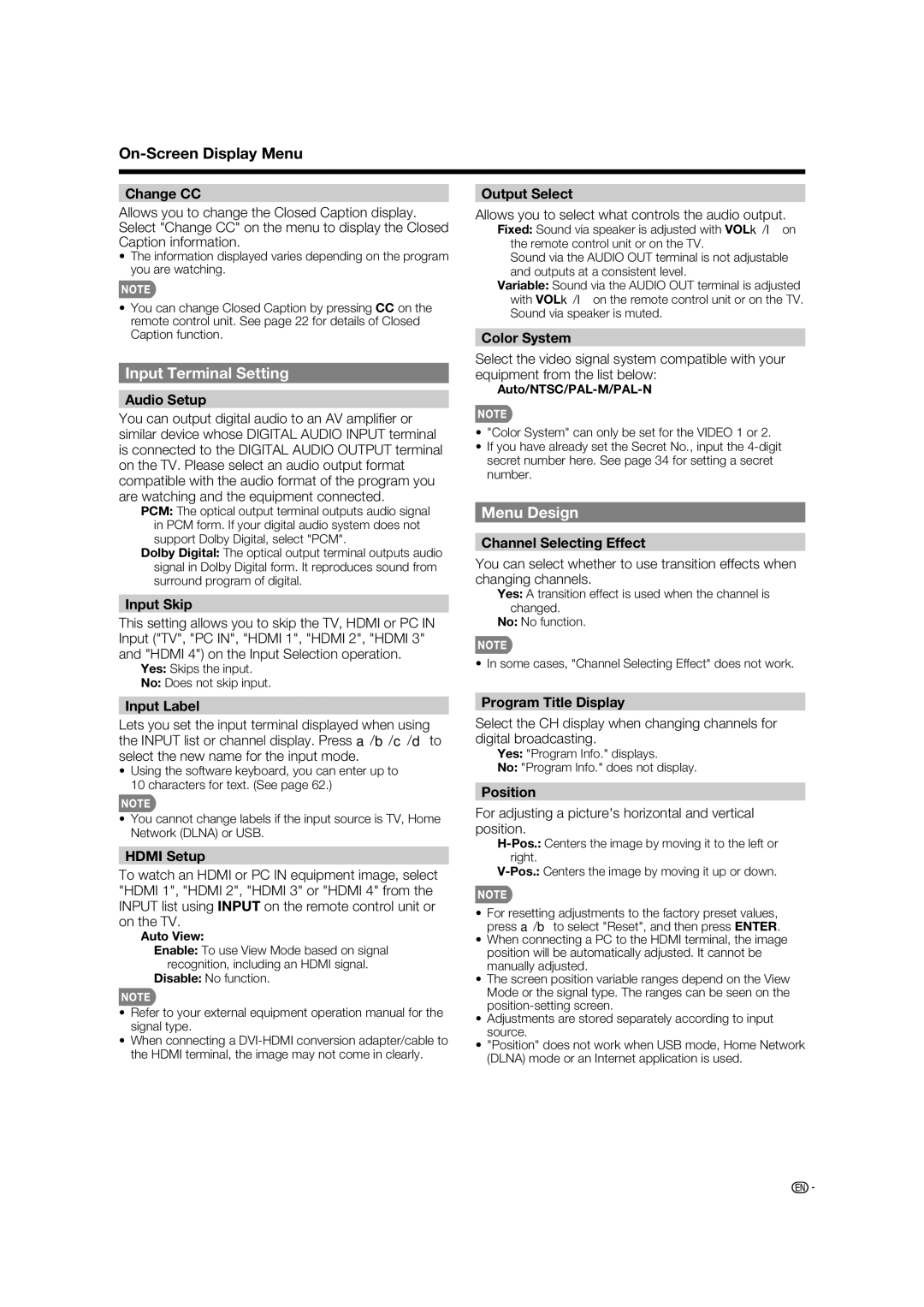 Sharp LC-70LE633U, LC-70LE733U, LC-60LE633U operation manual Input Terminal Setting, Menu Design 