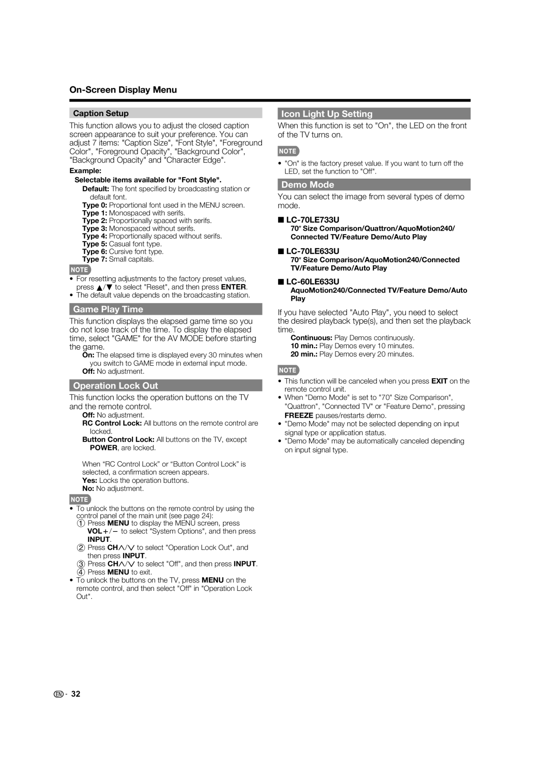 Sharp LC-70LE733U, LC-70LE633U, LC-60LE633U Icon Light Up Setting, Game Play Time, Operation Lock Out, Demo Mode 