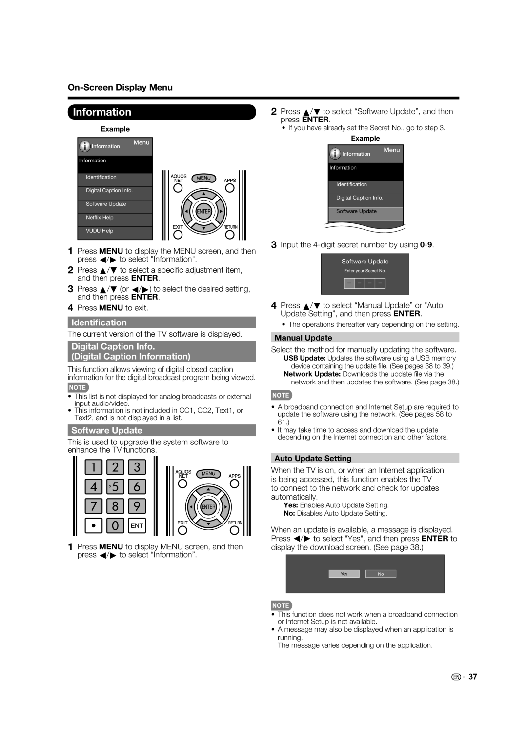 Sharp LC-70LE633U, LC-70LE733U Identiﬁcation, Digital Caption Info Digital Caption Information, Software Update 