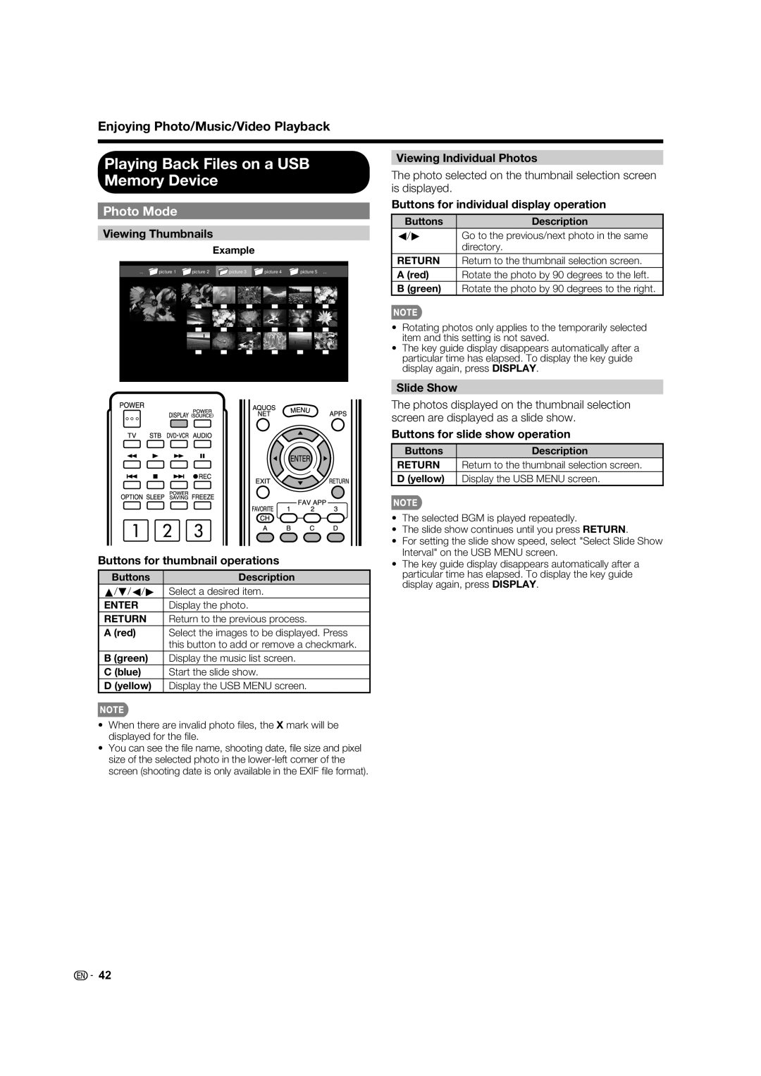 Sharp LC-60LE633U, LC-70LE633U, LC-70LE733U operation manual Playing Back Files on a USB Memory Device, Photo Mode 