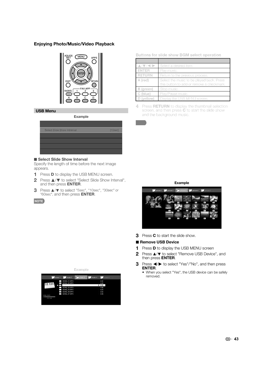 Sharp LC-70LE633U USB Menu, Select Slide Show Interval, Select Slide Show BGM, Buttons for slide show BGM select operation 