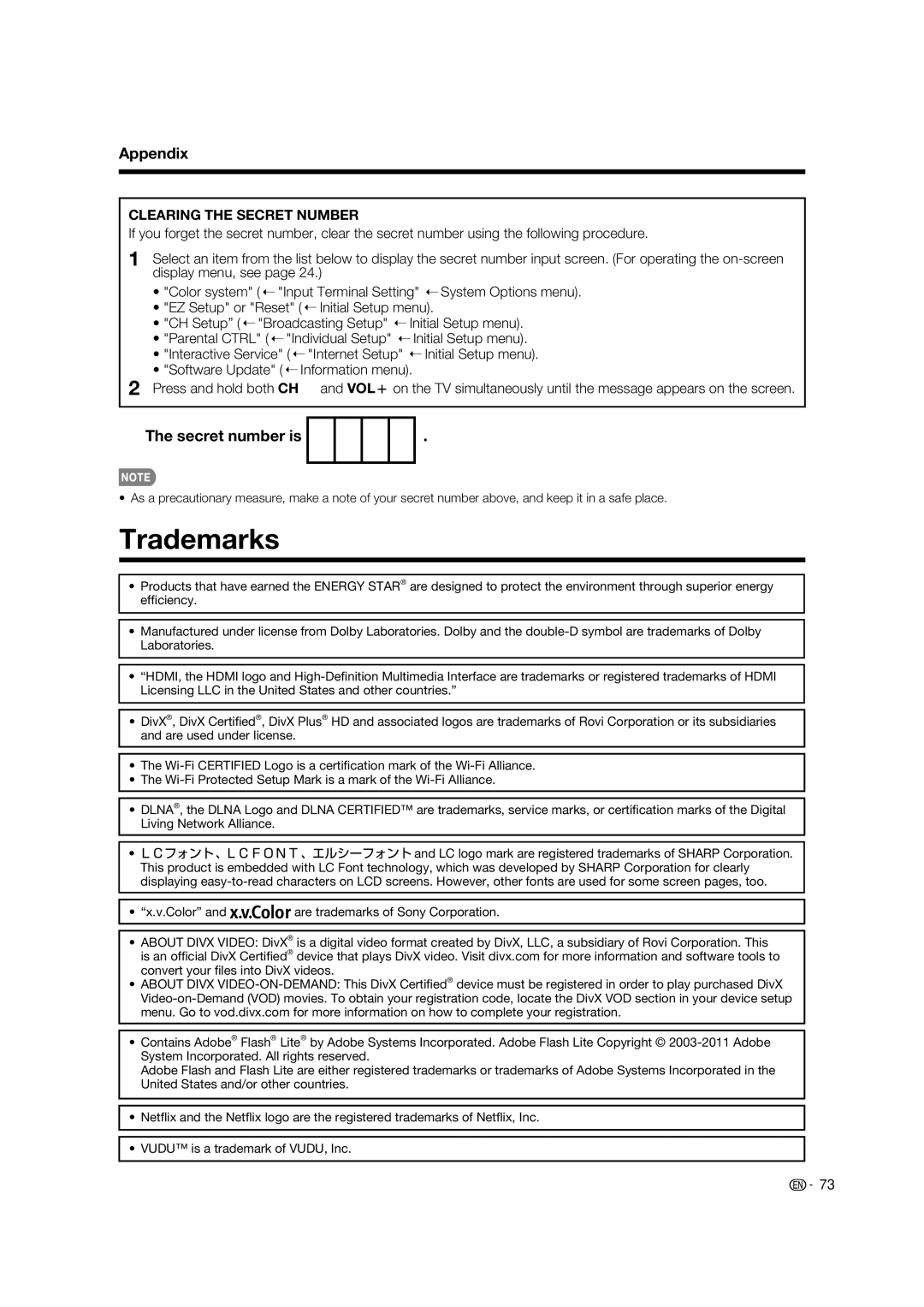 Sharp LC-70LE633U, LC-70LE733U, LC-60LE633U operation manual Trademarks, Secret number is 