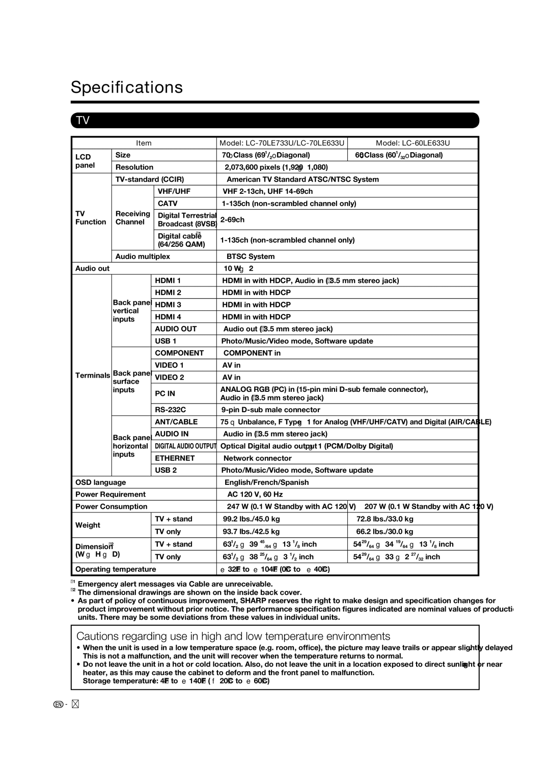 Sharp operation manual Speciﬁcations, Model LC-70LE733U/LC-70LE633U Model LC-60LE633U 