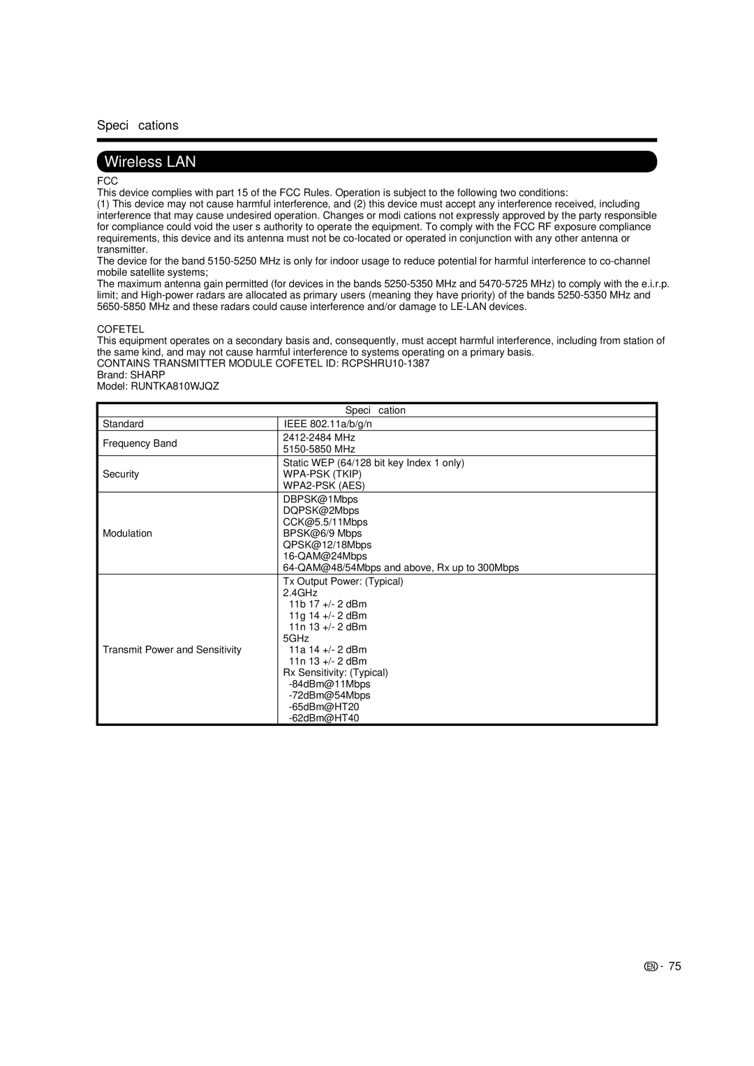 Sharp LC-60LE633U, LC-70LE633U, LC-70LE733U operation manual Wireless LAN, Speciﬁcations 