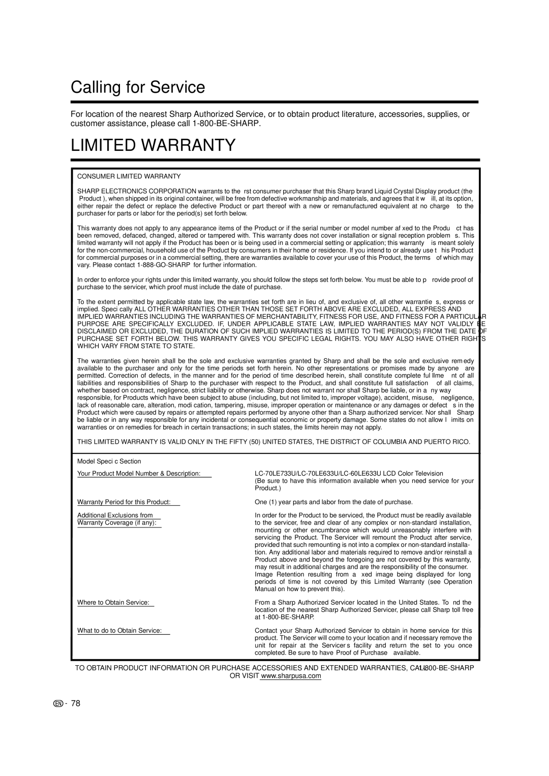 Sharp LC-60LE633U, LC-70LE633U, LC-70LE733U operation manual Calling for Service, Limited Warranty 