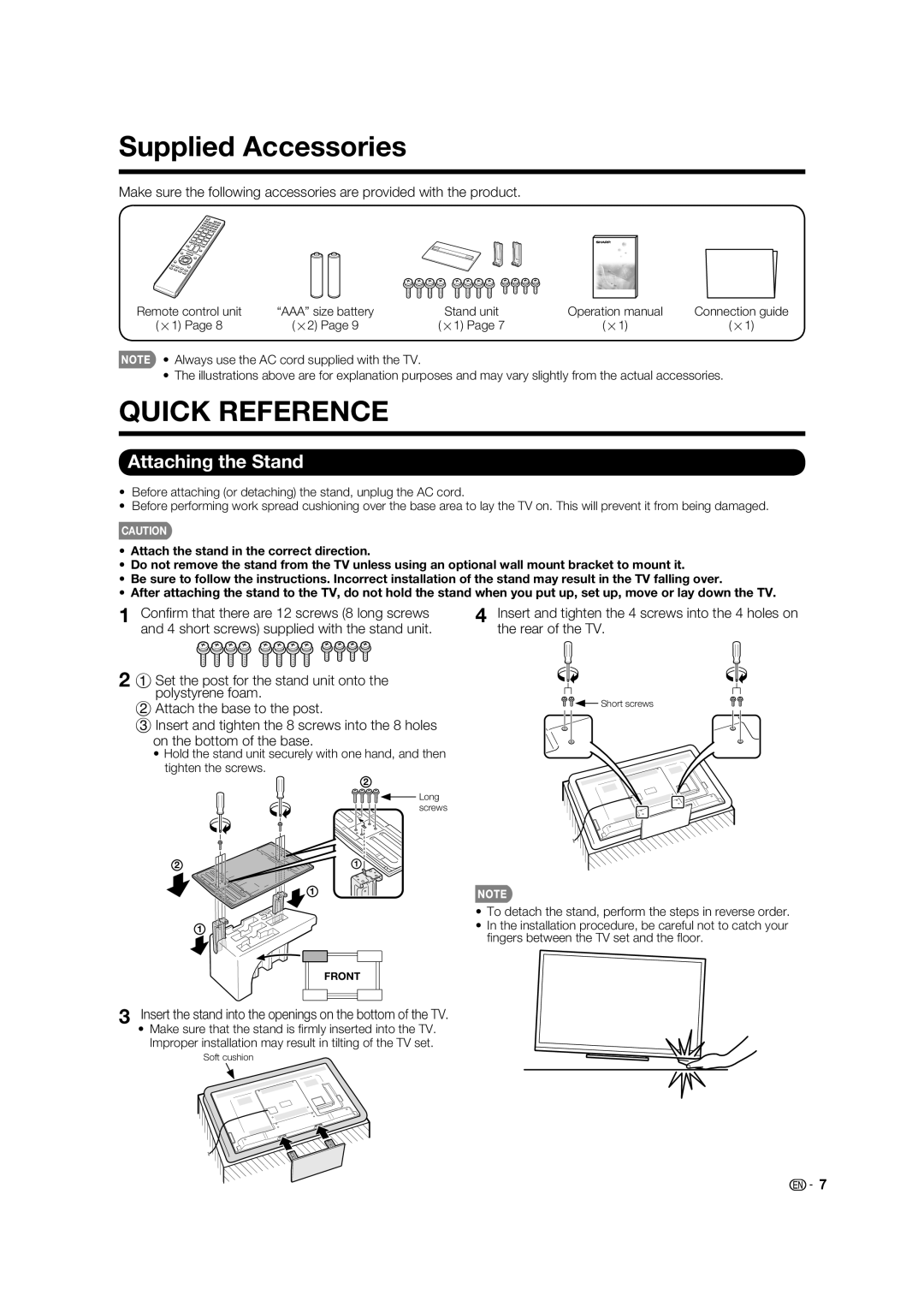 Sharp LC-70LE633U, LC-70LE733U, LC-60LE633U operation manual Supplied Accessories, Attaching the Stand 