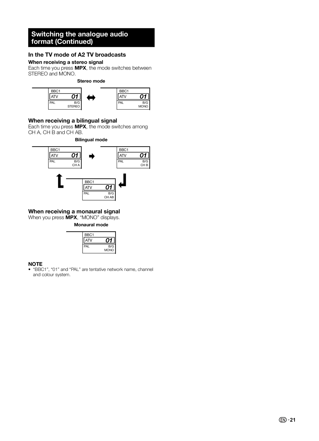 Sharp LC-60LE650LX, LC-70LE650LX operation manual TV mode of A2 TV broadcasts, When you press MPX, Mono displays 