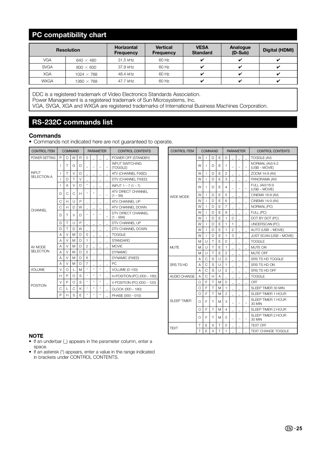 Sharp LC-60LE650LX, LC-70LE650LX operation manual PC compatibility chart, RS-232C commands list, Commands 