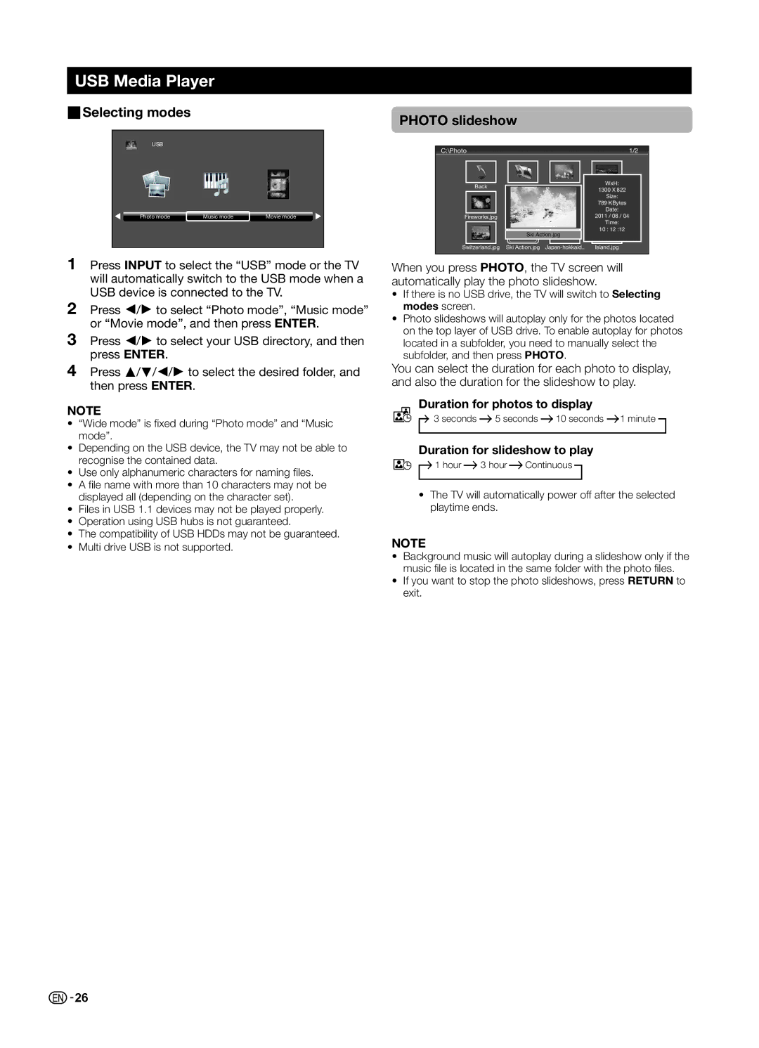 Sharp LC-70LE650LX, LC-60LE650LX operation manual USB Media Player,  Selecting modes, Photo slideshow 