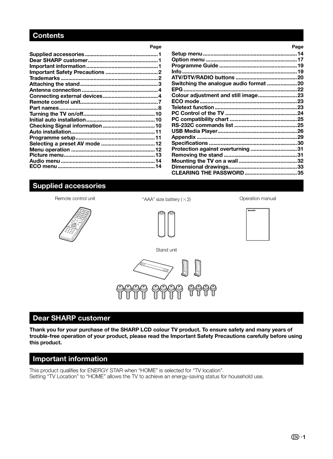 Sharp LC-60LE650LX, LC-70LE650LX operation manual Contents, Supplied accessories, Dear Sharp customer, Important information 