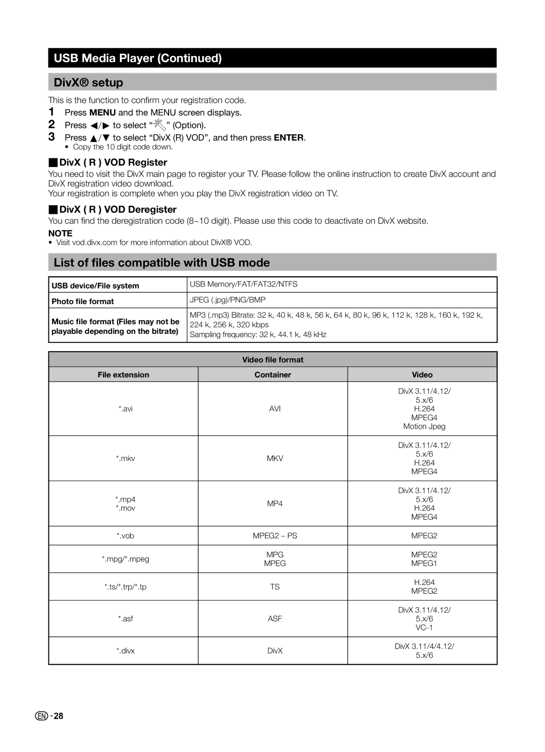 Sharp LC-70LE650LX DivX setup, List of files compatible with USB mode,  DivX R VOD Register,  DivX R VOD Deregister 