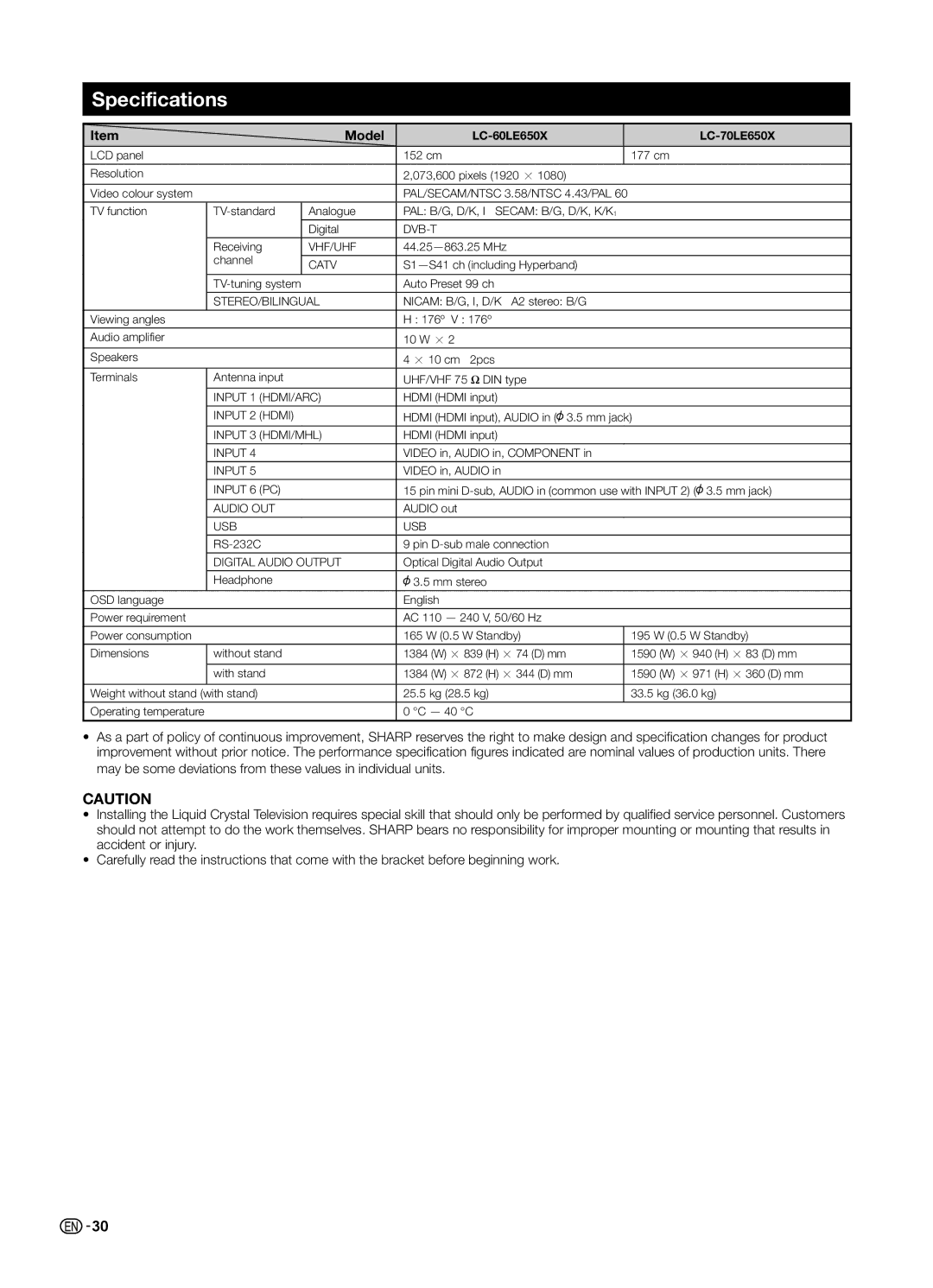 Sharp LC-70LE650LX, LC-60LE650LX operation manual Specifications, Model 