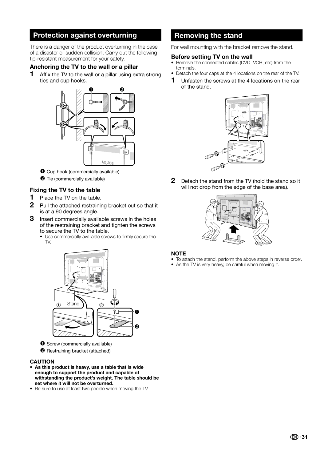 Sharp LC-60LE650LX, LC-70LE650LX Protection against overturning, Removing the stand, Anchoring, Fixing the TV to the table 