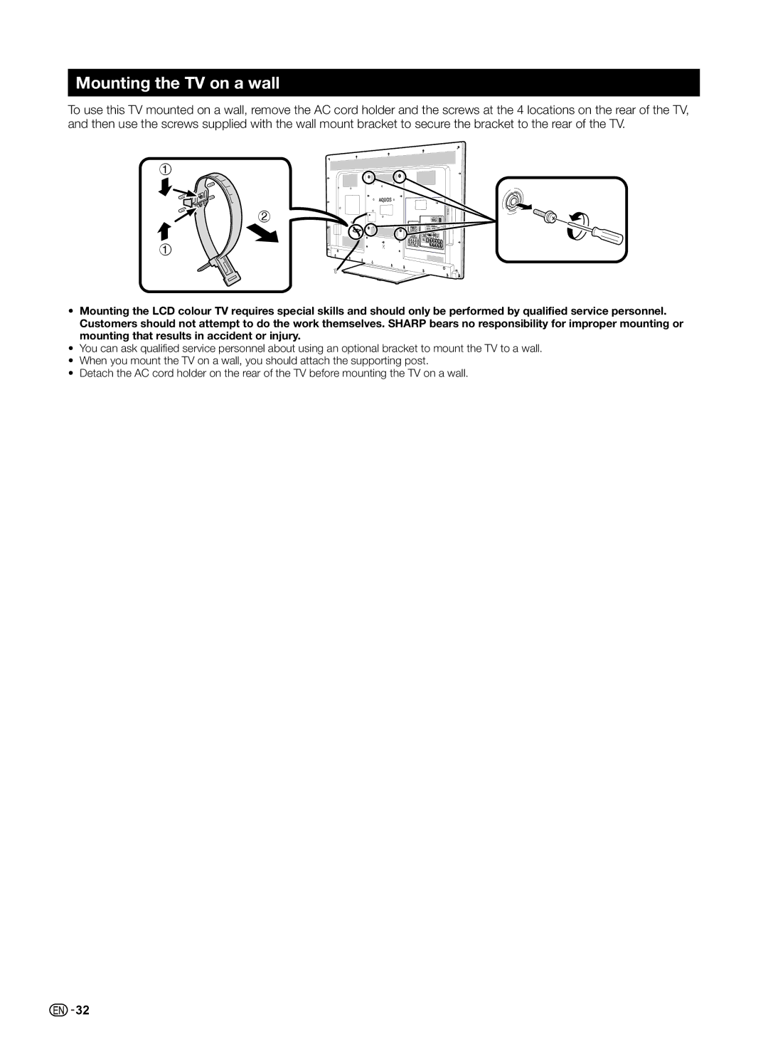 Sharp LC-70LE650LX, LC-60LE650LX operation manual Mounting the TV on a wall 