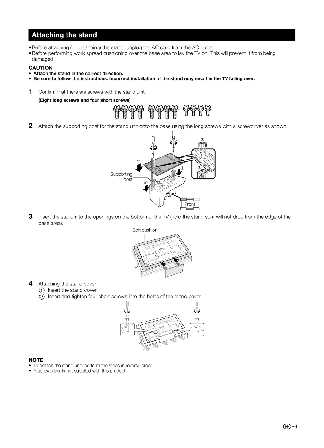 Sharp LC-60LE650LX, LC-70LE650LX operation manual Attaching the stand, Conﬁ rm that there are screws with the stand unit 