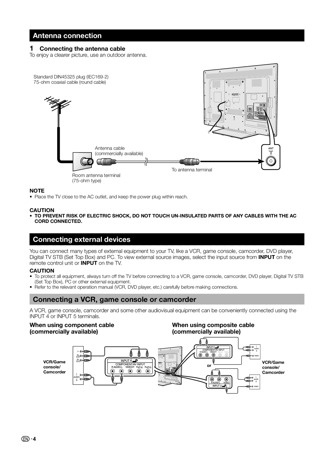 Sharp LC-70LE650LX Antenna connection, Connecting external devices, Connecting a VCR, game console or camcorder 