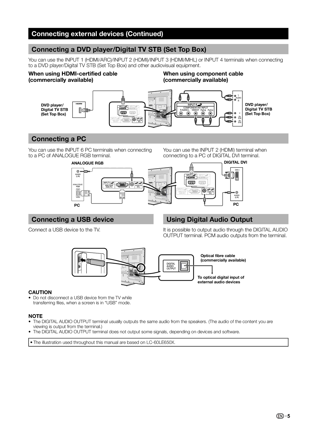 Sharp LC-60LE650LX Connecting a DVD player/Digital TV STB Set Top Box, Connecting a PC, Connecting a USB device 