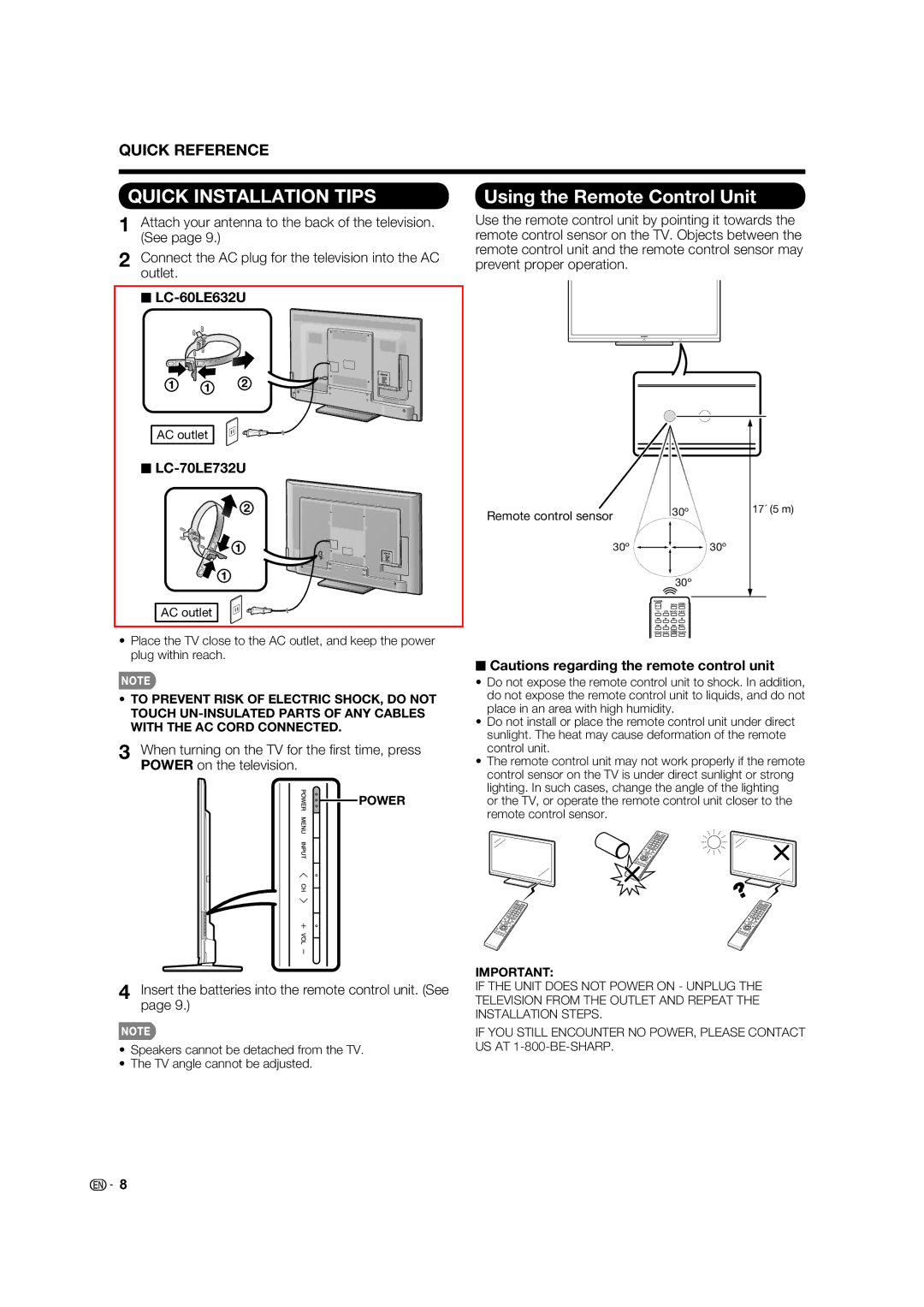 Sharp LC-70LE732U Using the Remote Control Unit, LC-60LE632U, Insert the batteries into the remote control unit. See 