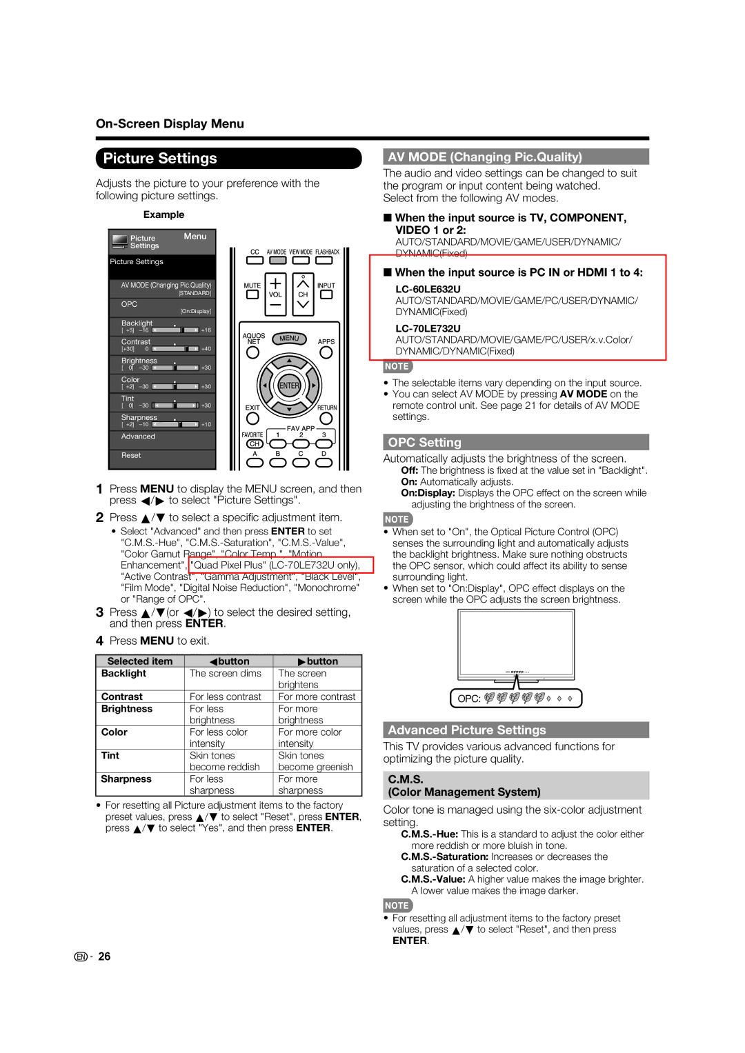 Sharp LC-70LE732U, LC-60LE632U operation manual AV Mode Changing Pic.Quality, OPC Setting, Advanced Picture Settings 