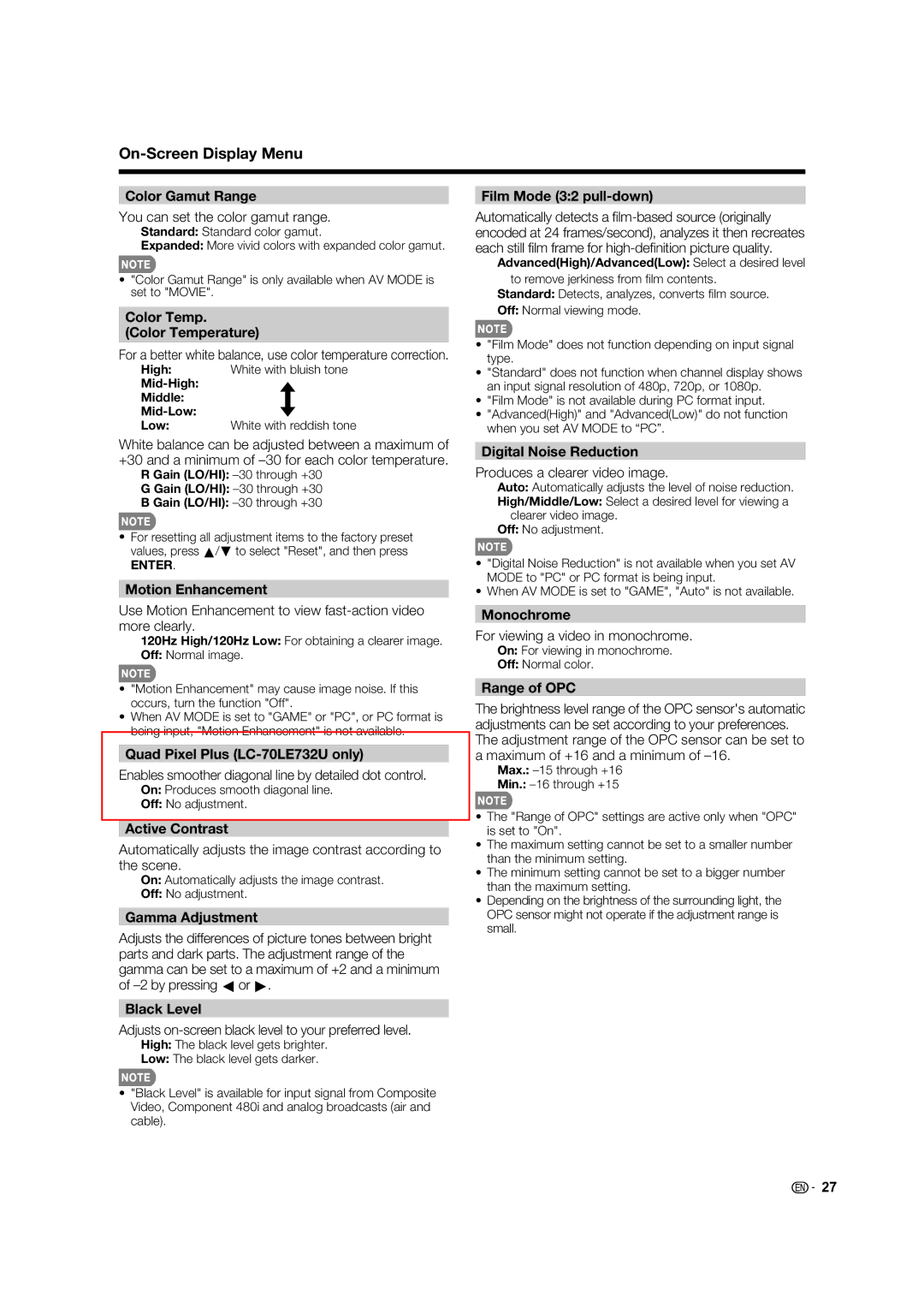 Sharp LC-60LE632U Color Gamut Range, Color Temp Color Temperature, Motion Enhancement, Quad Pixel Plus LC-70LE732U only 
