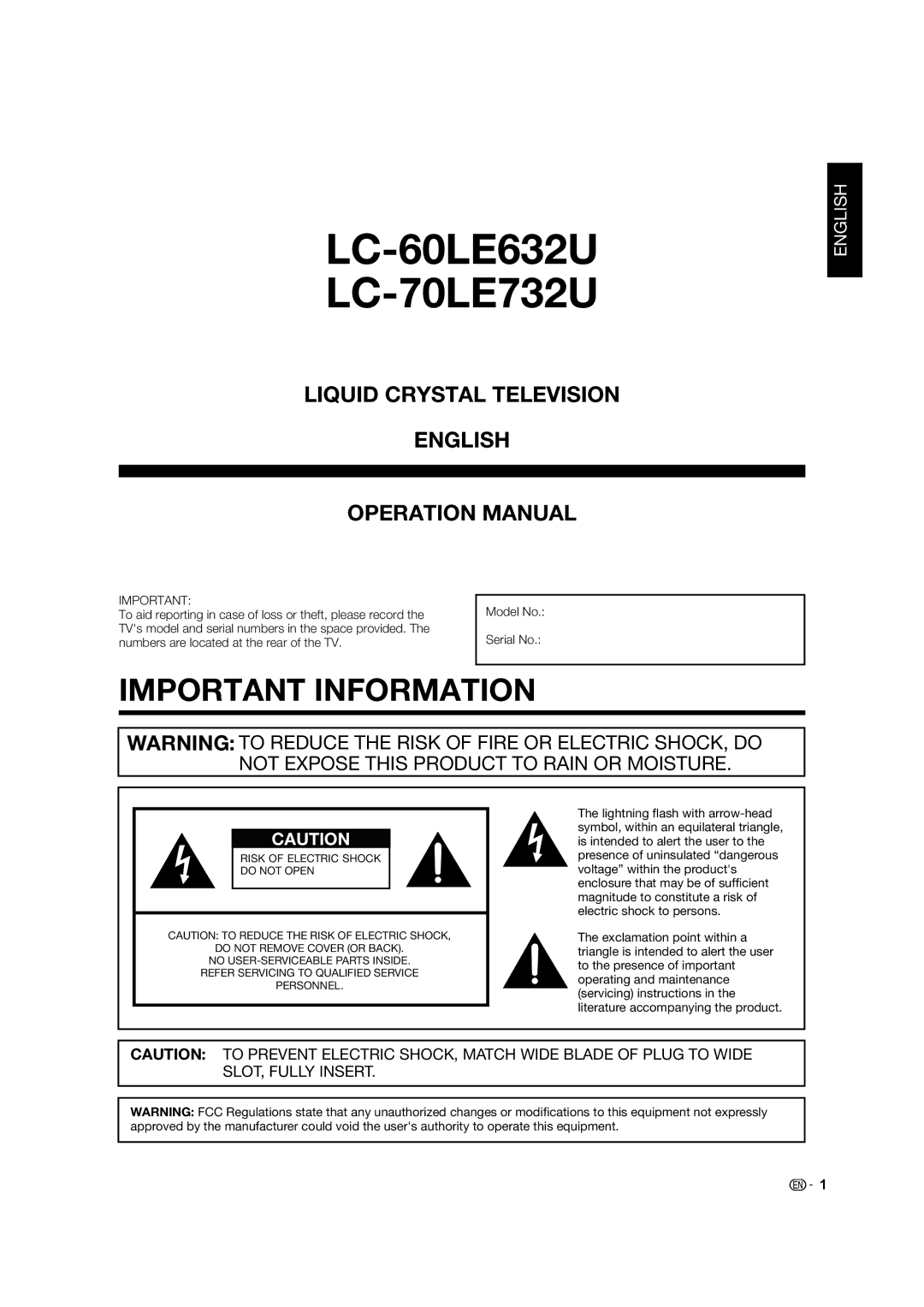 Sharp LC-60LE632U, LC-70LE732U operation manual Model No, To aid reporting in case of loss or theft, please record 