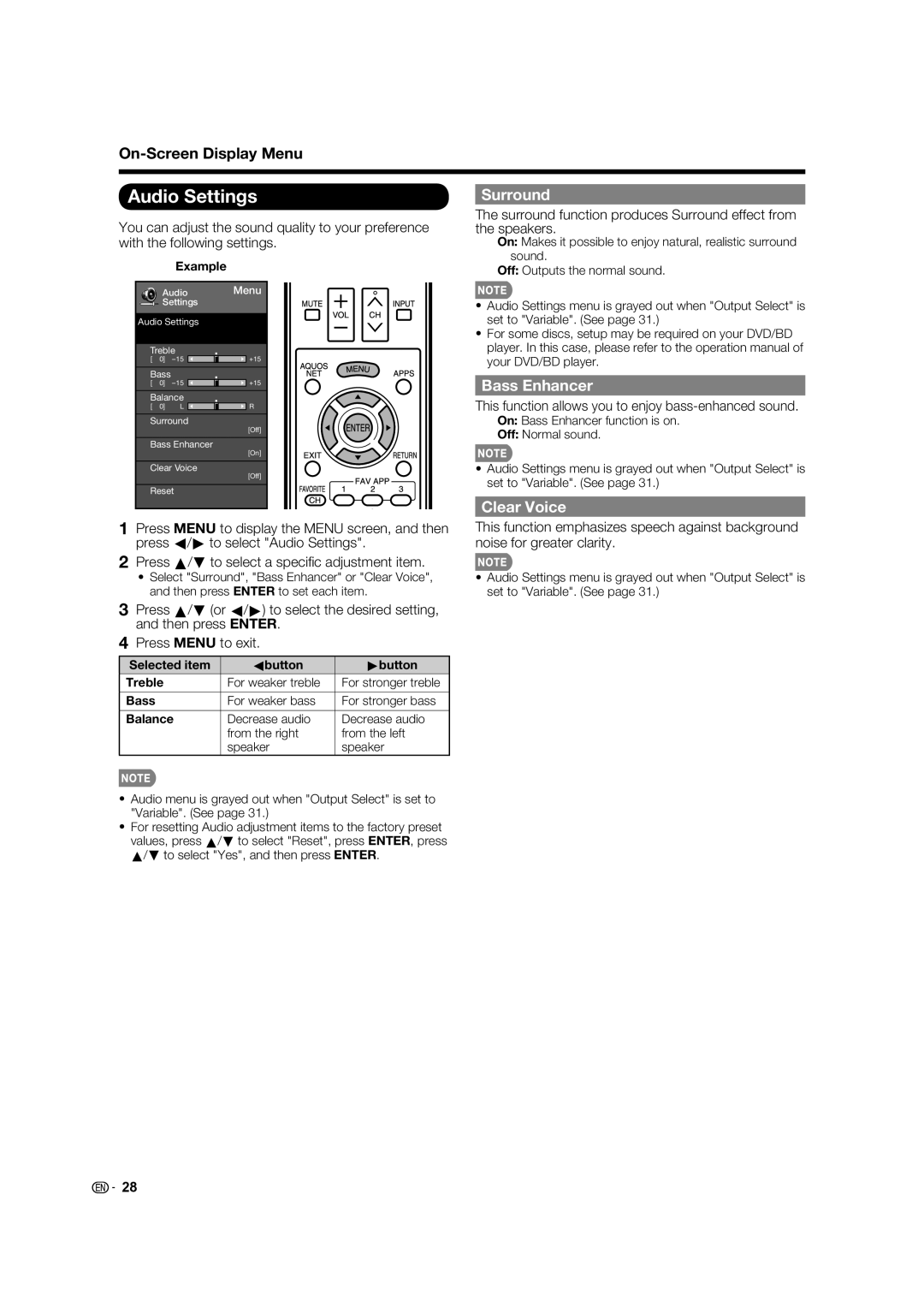 Sharp LC-70LE732U, LC-60LE632U operation manual Audio Settings, Surround, Bass Enhancer, Clear Voice 