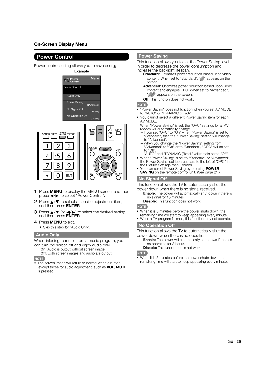 Sharp LC-60LE632U, LC-70LE732U operation manual Power Control, Power Saving, No Signal Off, Audio Only, No Operation Off 