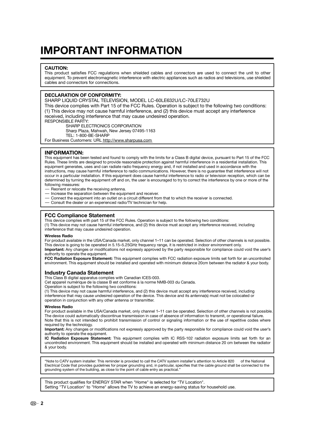 Sharp LC-70LE732U, LC-60LE632U operation manual FCC Compliance Statement, Industry Canada Statement 