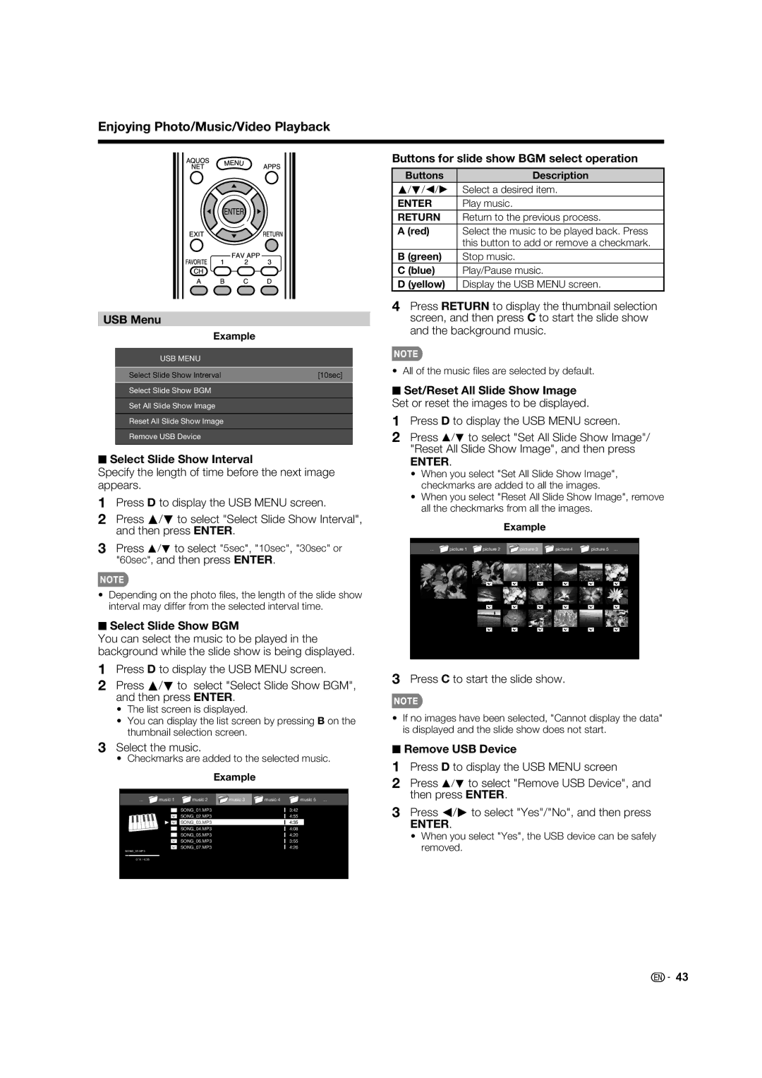 Sharp LC-60LE632U USB Menu, Select Slide Show Interval, Select Slide Show BGM, Buttons for slide show BGM select operation 