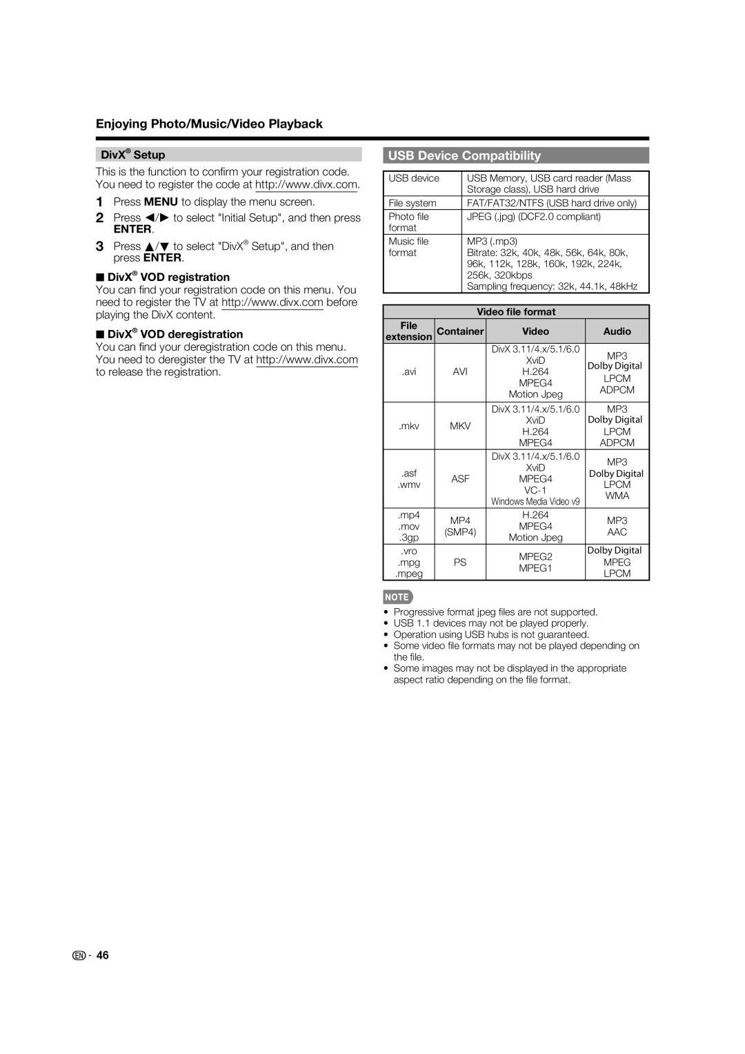 Sharp LC-70LE732U USB Device Compatibility, Press a/b to select DivX Setup, and then press Enter, Video ﬁle format 