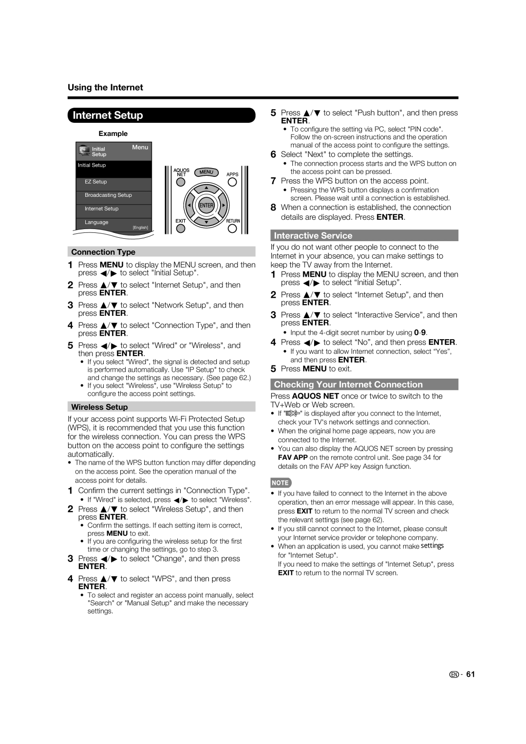 Sharp LC-60LE632U Internet Setup, Interactive Service, Checking Your Internet Connection, Connection Type, Wireless Setup 