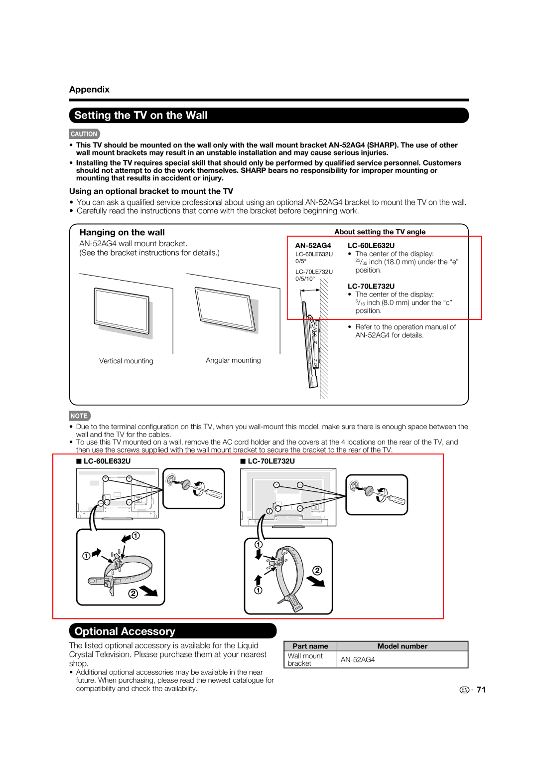 Sharp LC-60LE632U, LC-70LE732U Setting the TV on the Wall, Optional Accessory, Appendix, Hanging on the wall 