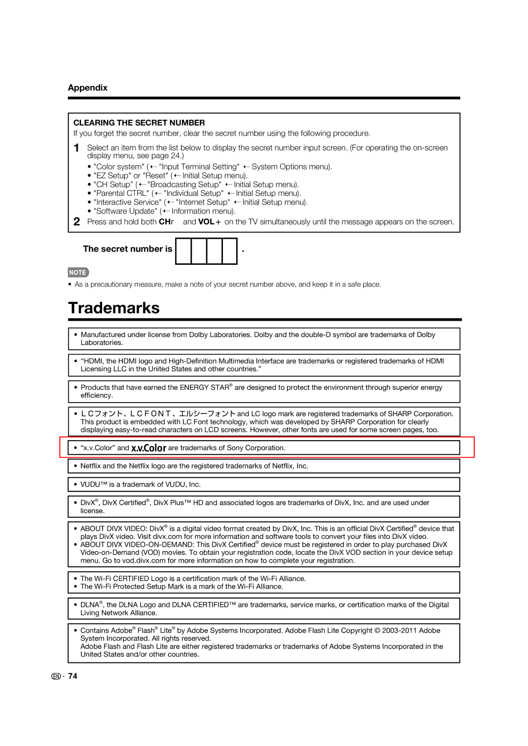 Sharp LC-70LE732U, LC-60LE632U Trademarks, Secret number is, Initial Setup menu, Software Update Information menu 