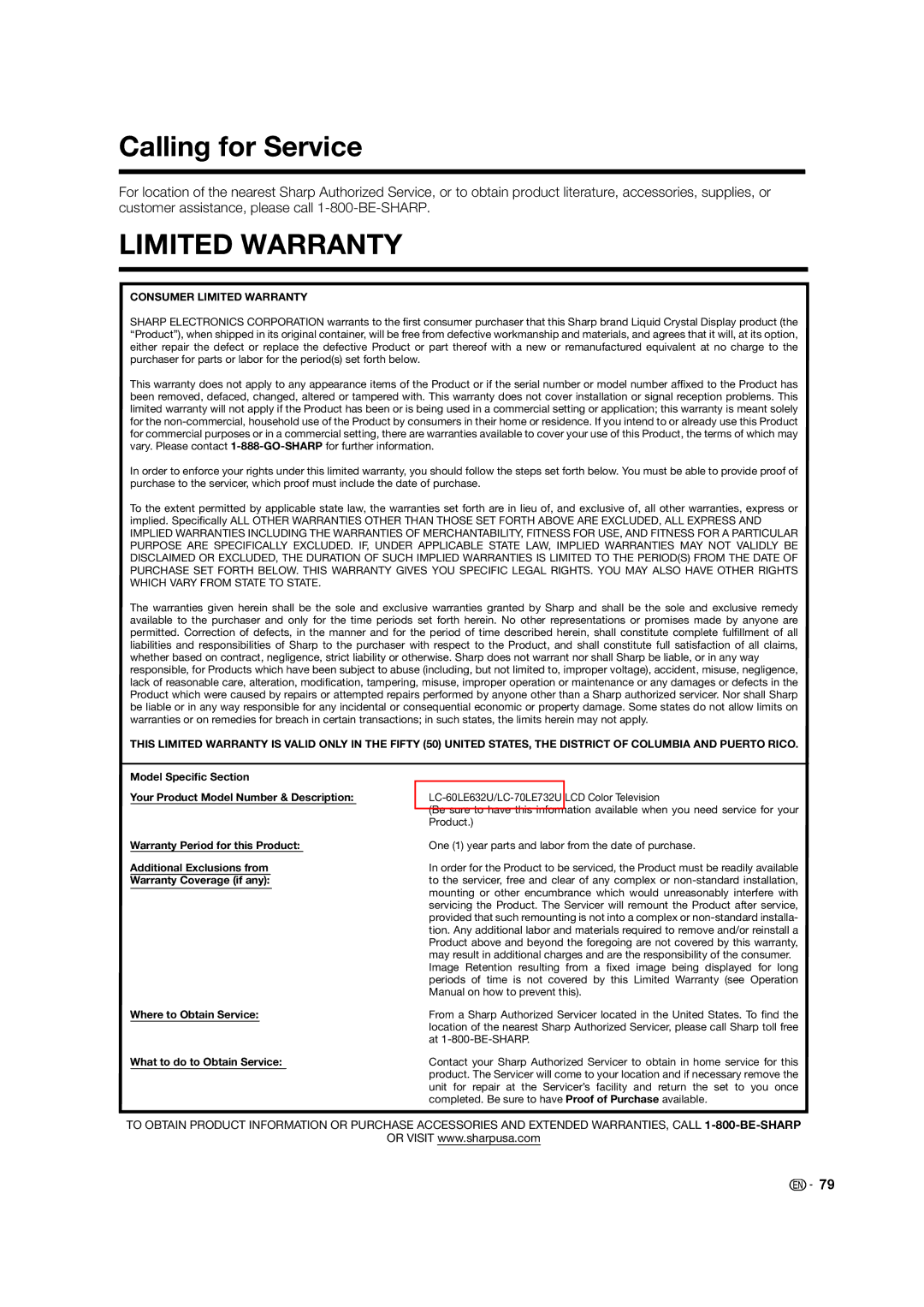 Sharp LC-60LE632U, LC-70LE732U operation manual Calling for Service, Limited Warranty 