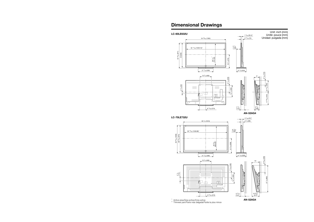 Sharp LC-70LE732U operation manual Dimensional Drawings, LC-60LE632U, AN-52AG4 