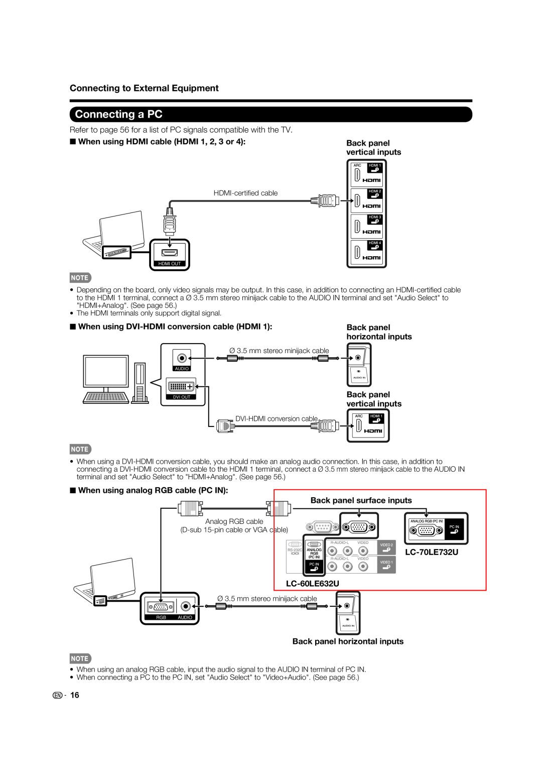 Sharp operation manual Connecting a PC, Back panel horizontal inputs Back panel vertical inputs, LC-70LE732U LC-60LE632U 