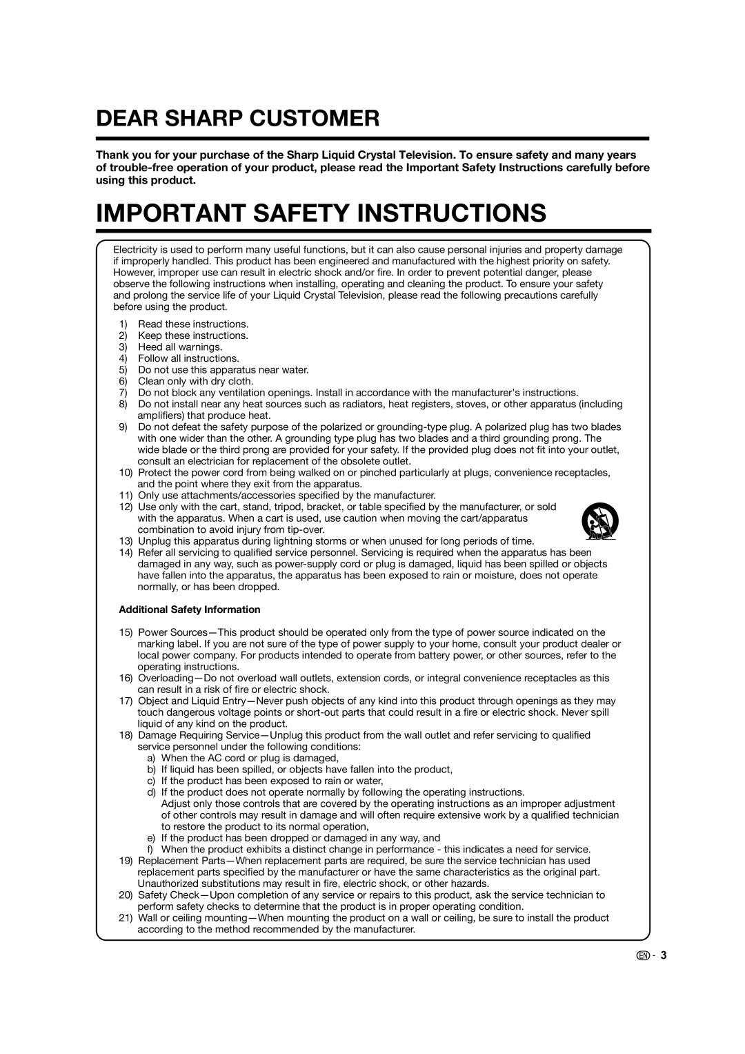 Sharp LC-60LE632U, LC-70LE732U operation manual Important Safety Instructions, Dear Sharp Customer 