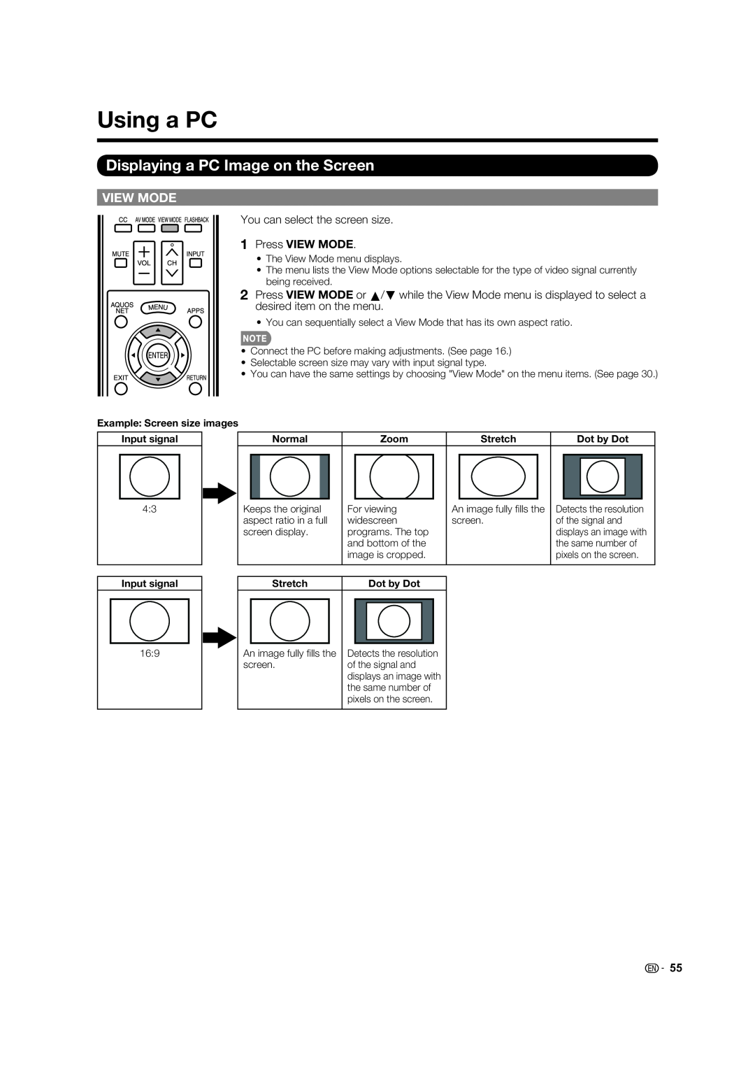 Sharp LC-60LE632U, LC-70LE732U operation manual Using a PC, Displaying a PC Image on the Screen, View Mode, Press VIEW MODE 