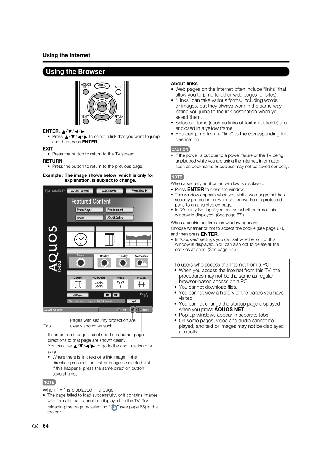 Sharp LC-70LE732U, LC-60LE632U operation manual Using the Browser, Featured Content, About links, Using the Internet 