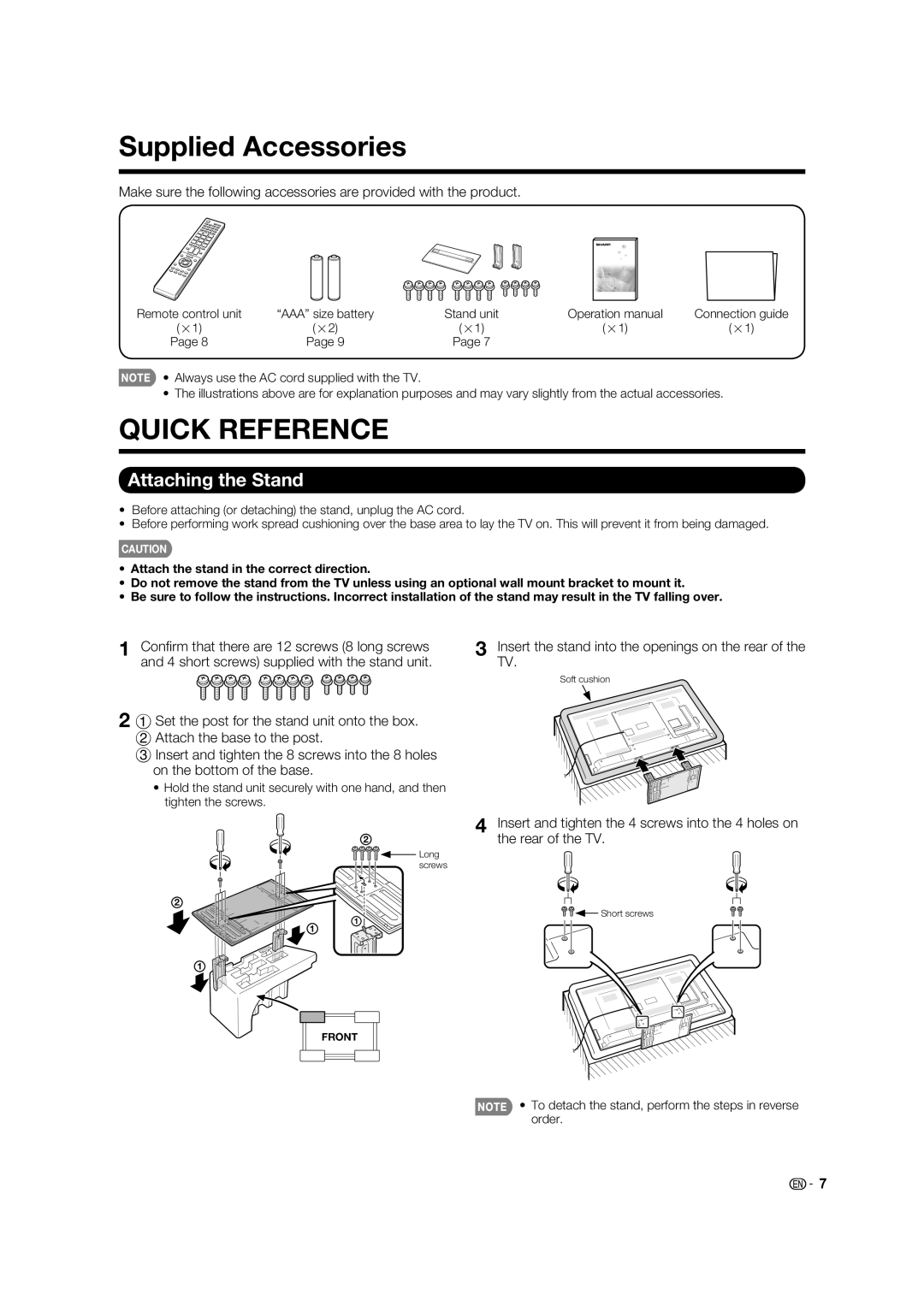 Sharp LC-60LE632U, LC-70LE732U operation manual Supplied Accessories, Quick Reference, Attaching the Stand 