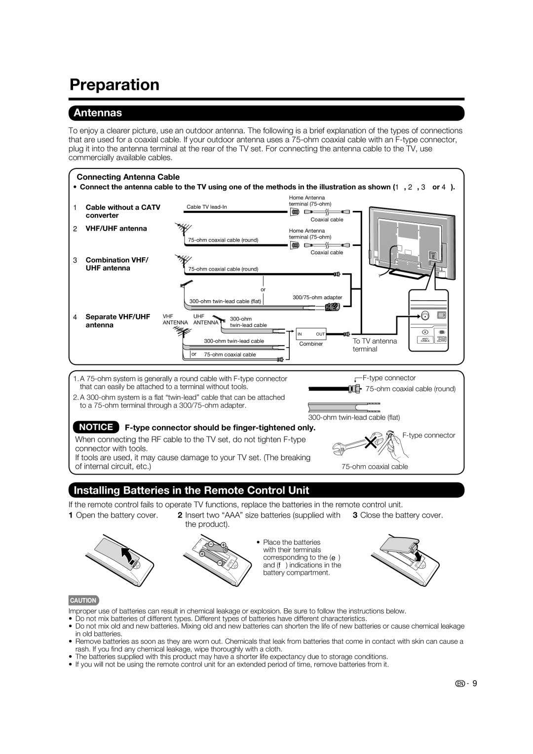 Sharp LC-70LE734U Preparation, Antennas, Installing Batteries in the Remote Control Unit, Connecting Antenna Cable 