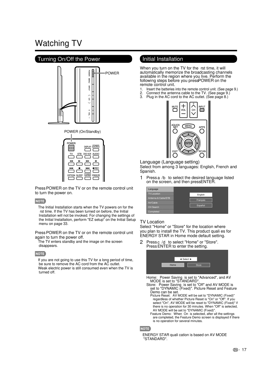 Sharp LC-70LE734U Watching TV, Turning On/Off the Power, Initial Installation, Language Language setting, TV Location 