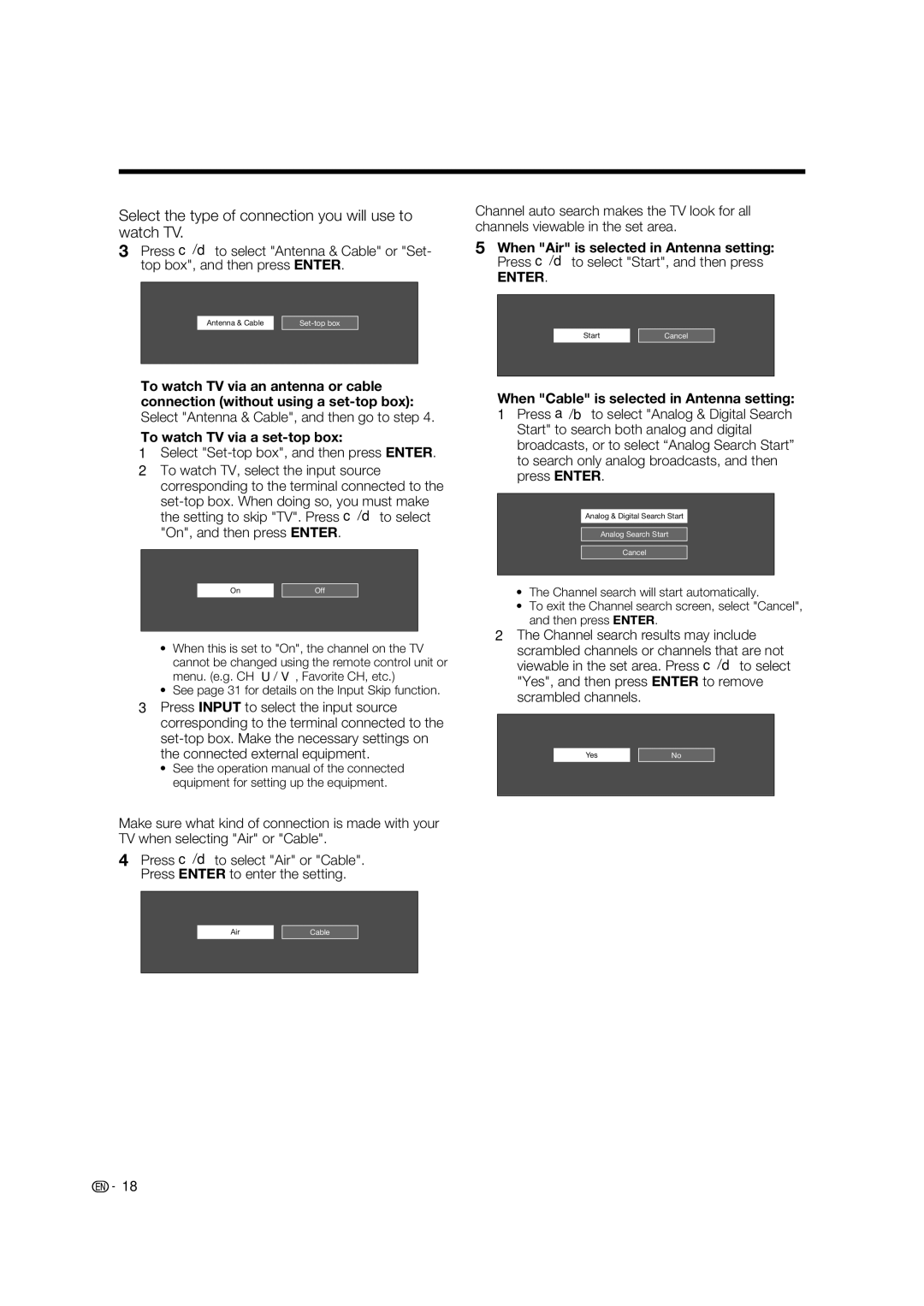 Sharp LC-70LE734U operation manual Watching TV Antenna & Cable/STB, CH Search Channel search, Air/Cable Antenna setting 