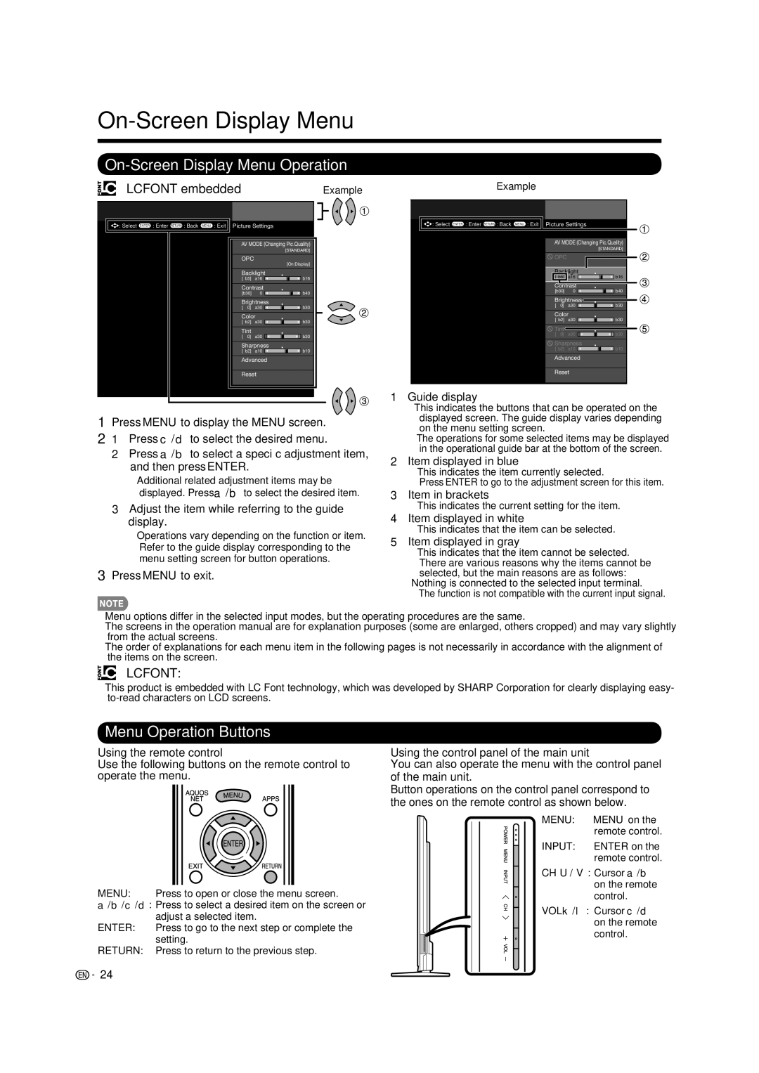 Sharp LC-70LE734U operation manual On-Screen Display Menu Operation, Menu Operation Buttons, Lcfont embedded 