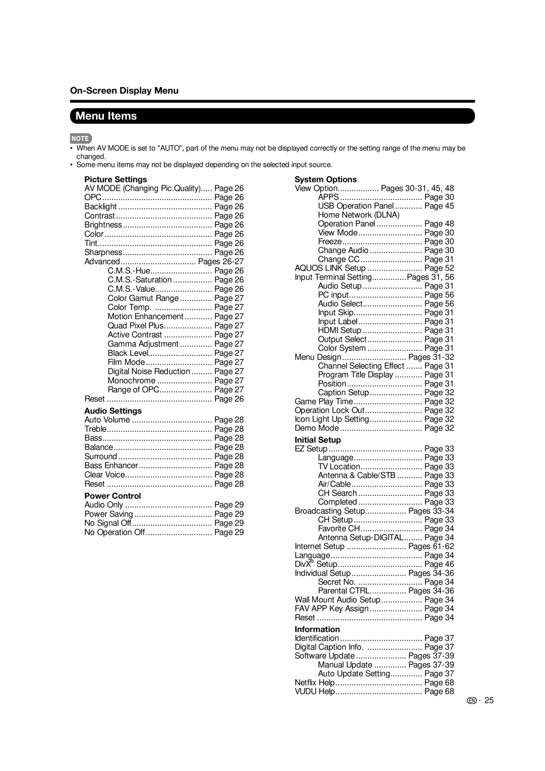 Sharp LC-70LE734U operation manual Menu Items, On-Screen Display Menu 